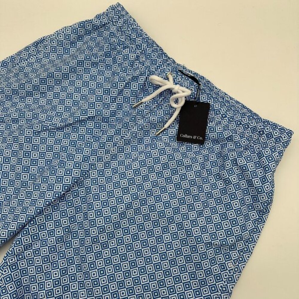 Collars & Co‎ Men's Riviera Geometric Print 7" Lined Swim Trunks, Size 2XL, Blue